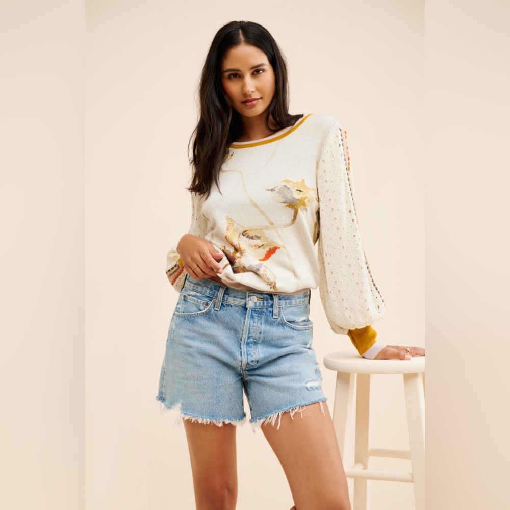 Anthropologie bl^nk London Contrast Eyelet Floral Pullover Sweater Size 1X